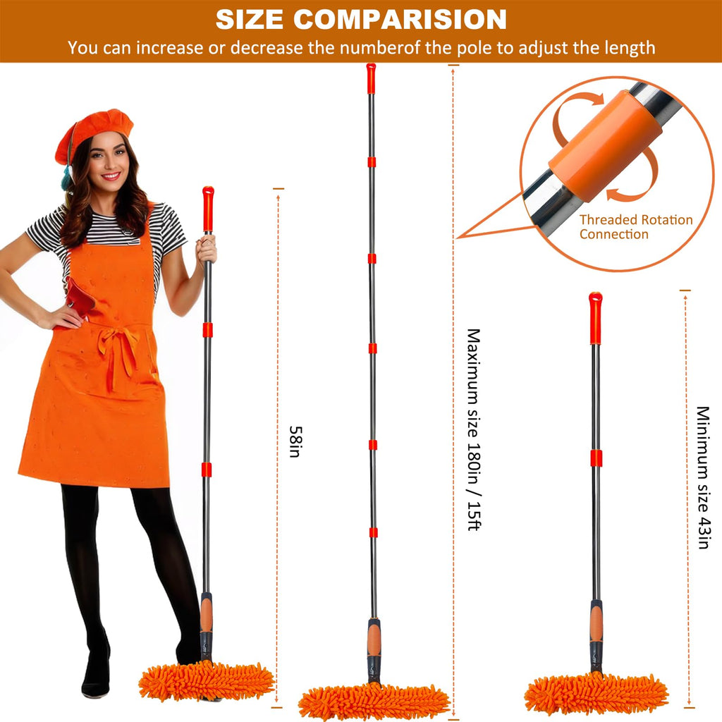 20 ft+ Reach Squeegee Window Cleaner Duster 2 in 1 Rotatable Window Cleaning Tool Kit with 3-14 ft Extension Pole, Window Washing Equipment for Indoor Outdoor Window Car Glass - 3 Pads