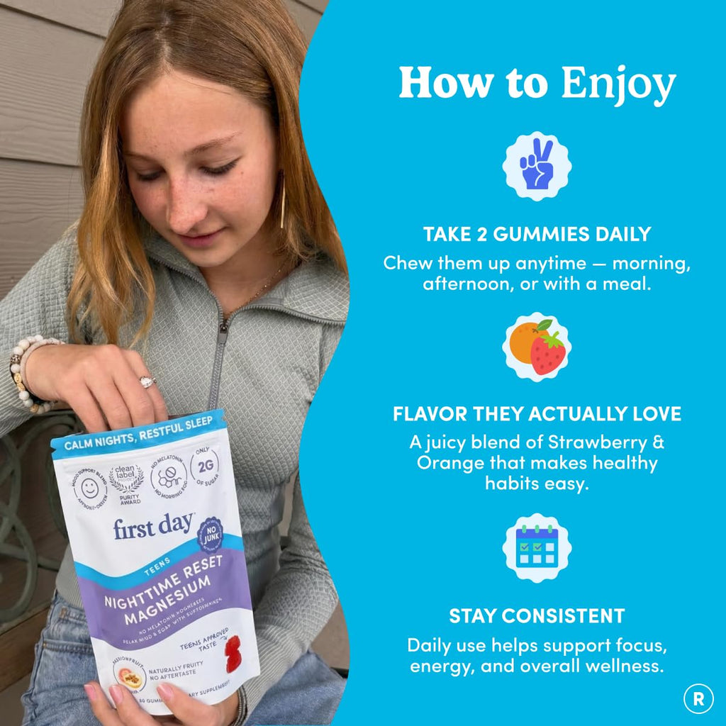 First Day Teens’ Nighttime Reset Calming Magnesium Gummies – Sleep Aid Supports Peaceful Rest, Balanced Mood & Energy – Supplement with Magnesium Citrate, Affron & No Melatonin – 30-Day Supply
