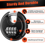 DELSWIN 4-Digit Disc Combination Lock Outdoor - Heavy Duty Combination Padlocks with Hardened Steel Shackle Weatherproof Combo Locks for Gates,Sheds,Fence,Storage Unit (3/8" Shackle, Black and Silver)