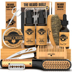 Beard Straightener Grooming Kit for Men, Beard Growth Kit, Wash, Brush & Comb, Unscented Growth Oil, All Natural Chanel Balm, Conditioner, Razor & Scissors, Great Gift Idea for Men's (Bamboo)