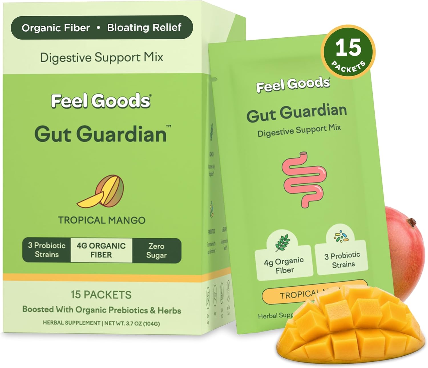 Feel Goods Gut Guardian, Digestive Health Powder Packets - Probiotic Fiber Powder with Prebiotics & L Glutamine for Gut Health, Bloating Relief & Digestion Support - Zero Sugar & Organic Flavor