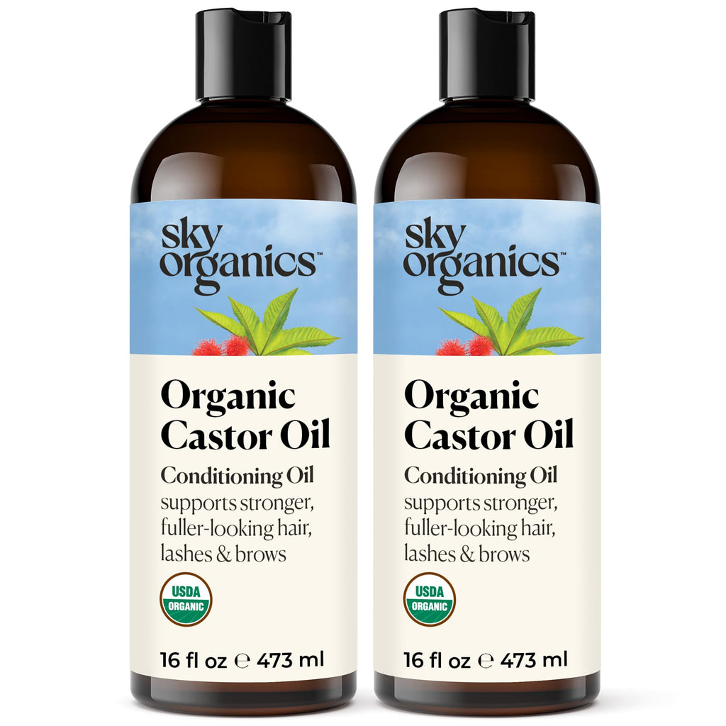 Sky Organics - Castor Oil Organic - Volumizing Hair Oil - Scalp, Lashes, Brows - Pure Castor Oil Cold Pressed - Natural Conditioner - Omega Fatty Acids, Vegan - Beauty, Hair, & Self Care - 8oz, 2 Pack