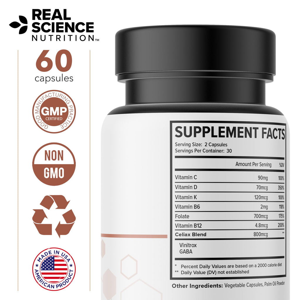 Real Science Celi-Act – Natural Gut Health Supplements for Digestive Support & Regular Bowel Movements – with Vinitrox & GABA for Gut Support, Reduced Gas & Abdomen Comfort – Made in USA, 60 Caps