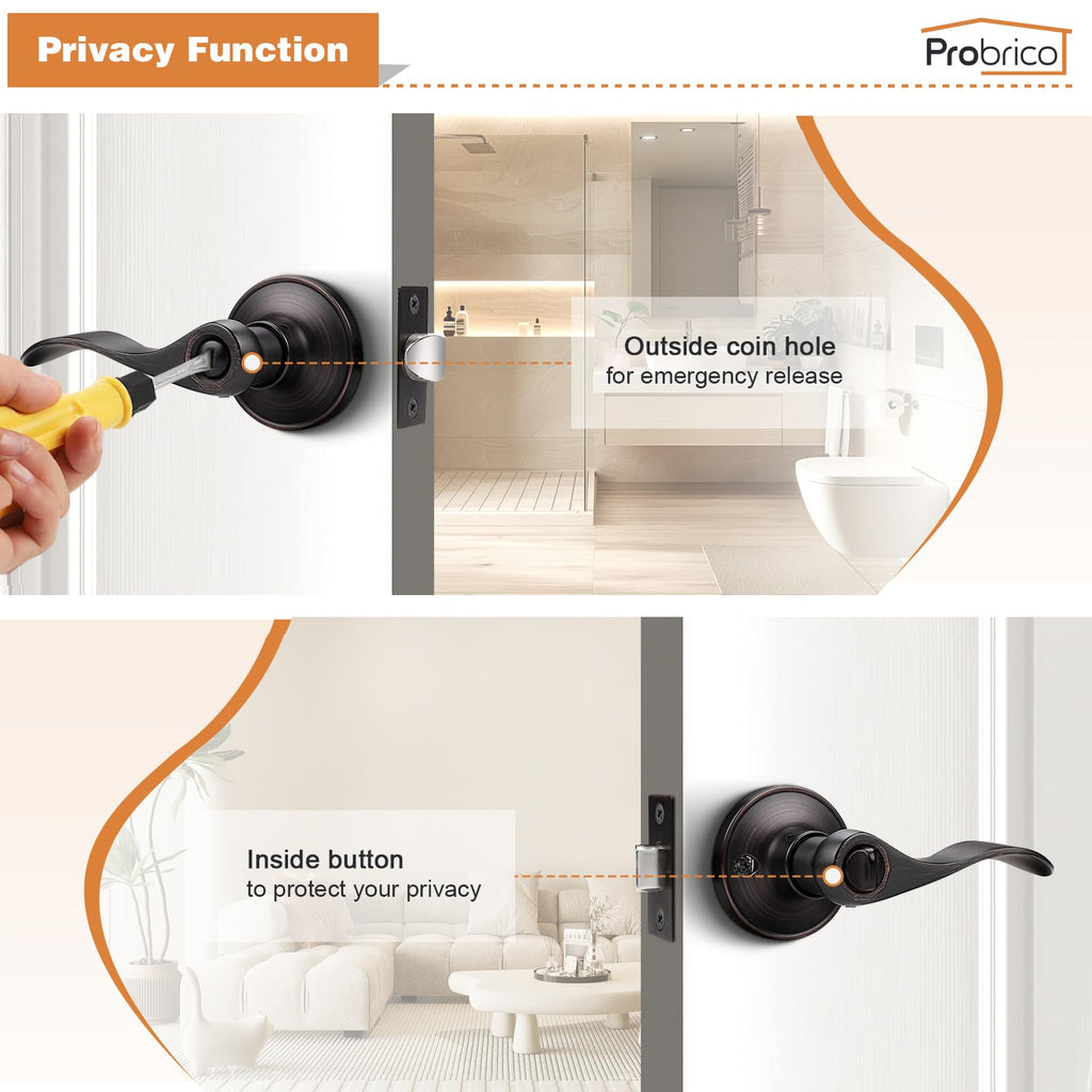 Probrico Oil Rubbed Bronze Privacy Door Levers Interior Keyless Handles Lock Set Leversets (Bed and Bath),Left/Right Handed, 10 Pack