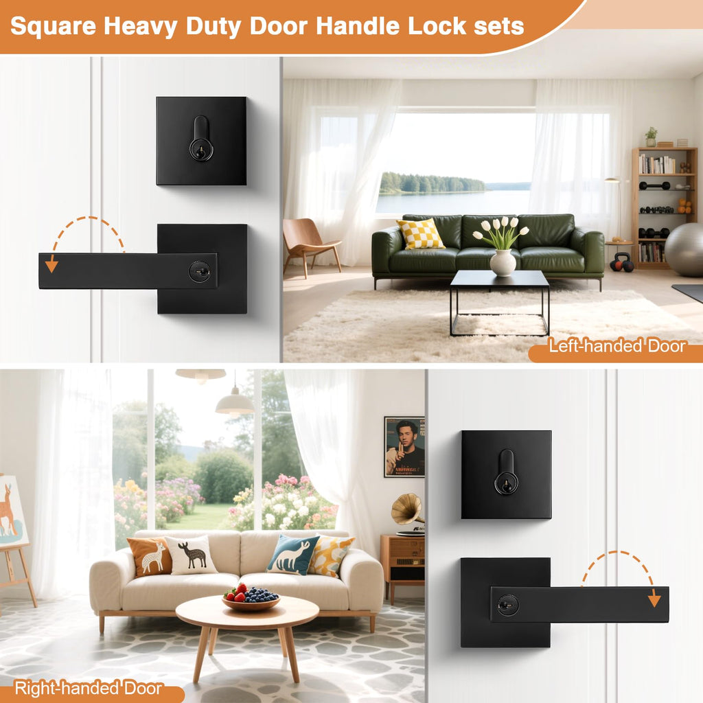 Probrico Flat Black Entry Levers Lock Sets and Single Cylinder Deadbolts Keyed Alike Combination Set, Heavy Duty Square Entry Door Locksets Front Door Bedroom Entrance Handles, 1 Pack(All Same Keys)