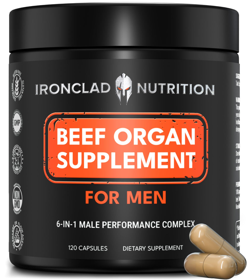 Ironclad Nutrition Beef Organ Supplement for Men - 100% Grass Fed Finished Bull Complex for Men’s Health - Freeze Dried Non-GMO Bovine Testes, Liver, Thymus, Pancreas, Heart, Bone Marrow, 120 Capsules