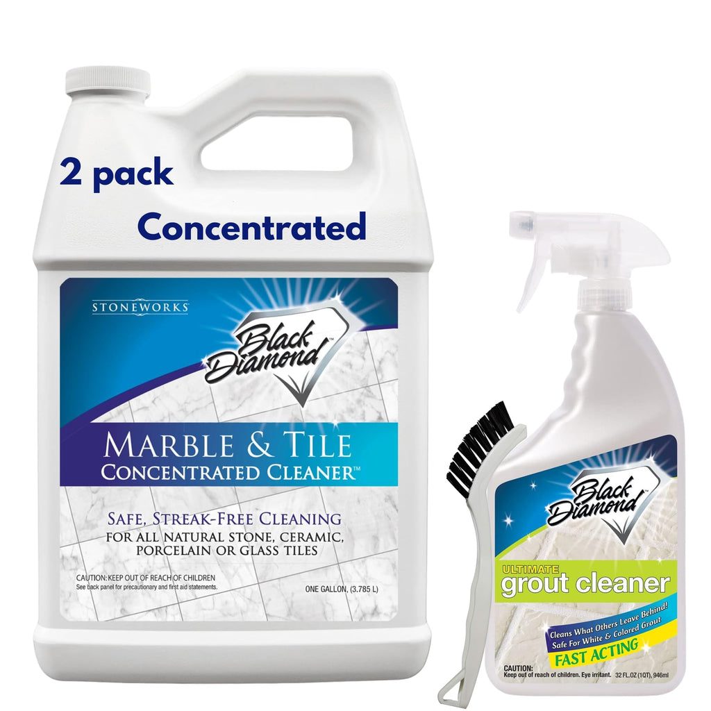 Black Diamond Stoneworks Marble & Tile Cleaner Gallon + Ultimate Grout Cleaner with Brush Quart (2-Pack) – Safe for Natural Stone, Deep Grout and Tile Cleaning to Restores Shine