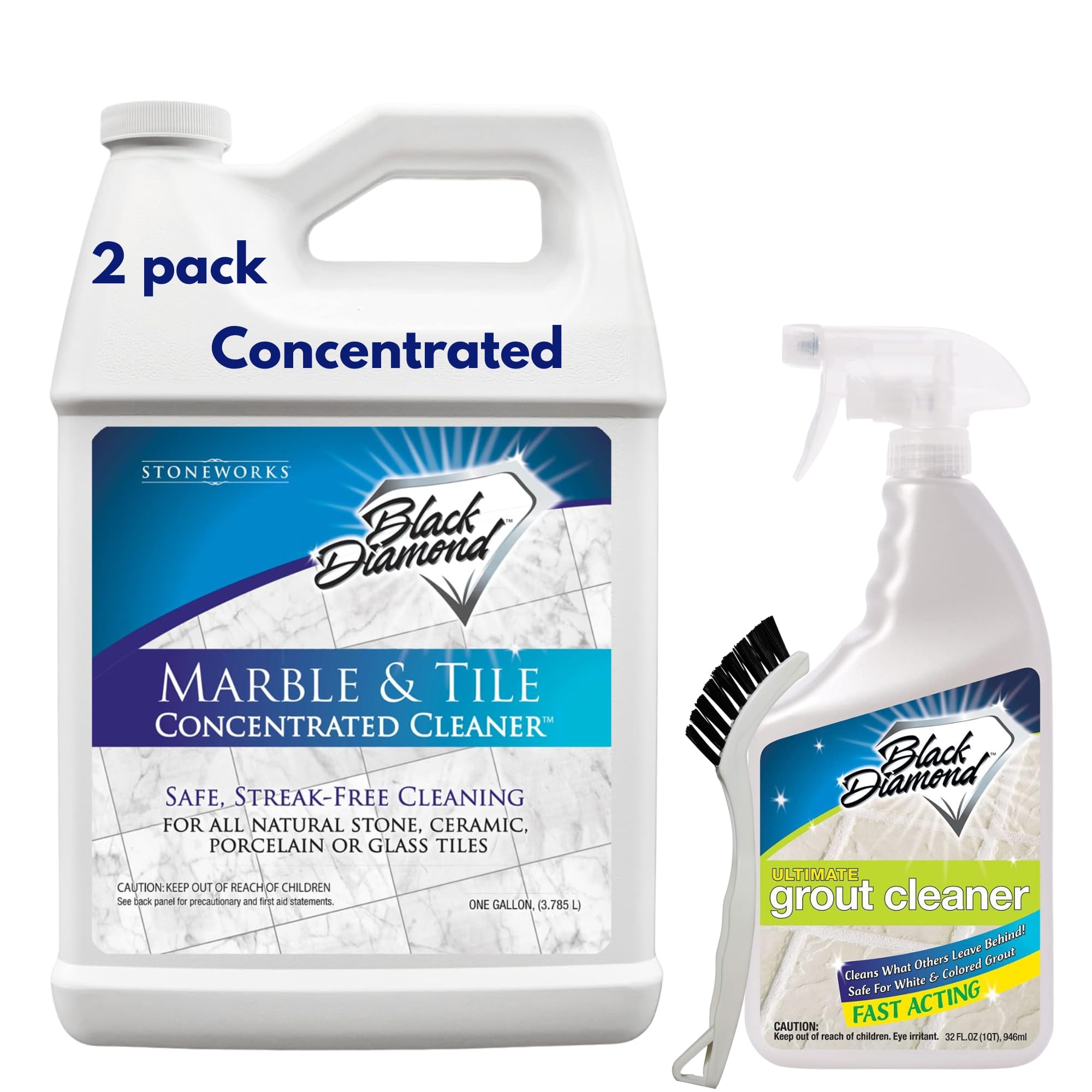Black Diamond Stoneworks Marble & Tile Cleaner Gallon + Ultimate Grout Cleaner with Brush Quart (2-Pack) – Safe for Natural Stone, Deep Grout and Tile Cleaning to Restores Shine