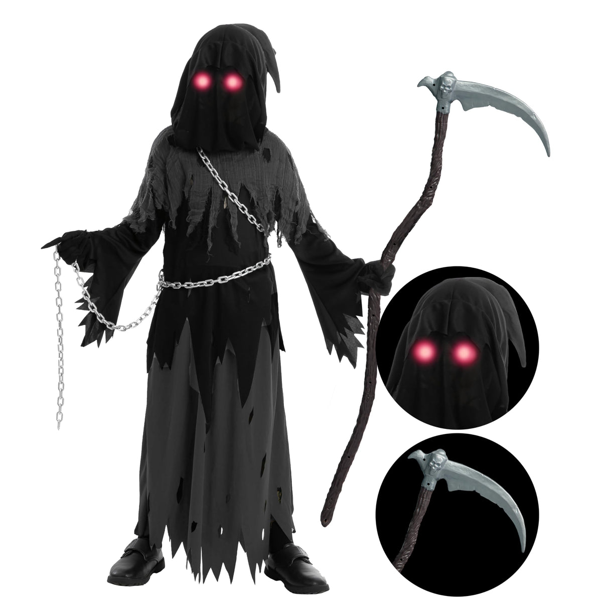 Spooktacular Creations Glowing Eyes Grim Reaper Costume for Kids, Halloween Costume for Boys, Halloween, Dress-up Party