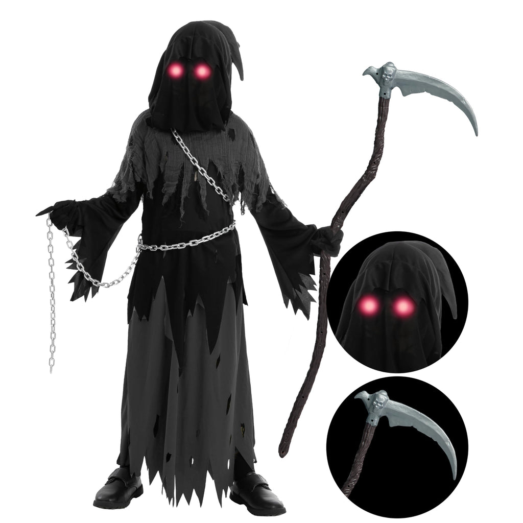 Spooktacular Creations Glowing Eyes Grim Reaper Costume for Kids, Halloween Costume for Boys, Halloween, Dress-up Party