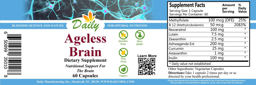 Daily Manufacturing Ageless Brain™ (Methylfolate, B12, Resveratrol, Lutein, Zeaxanthin, Ashwagandha Extract, Curcumin, Astaxanthin & Inulin)