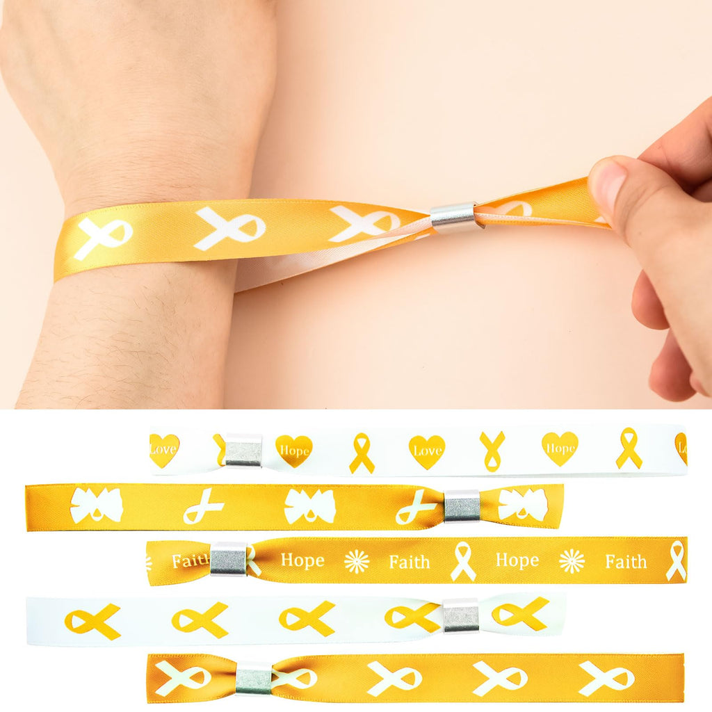 WANDIC 30 Pcs Gold Ribbon Bracelets, 5 Style Polyester Single Side Adjustable Childhood Cancer Awareness Support Wristband for Event Fundraising, 6.89 * 0.59 * 0.07, no Gemstone