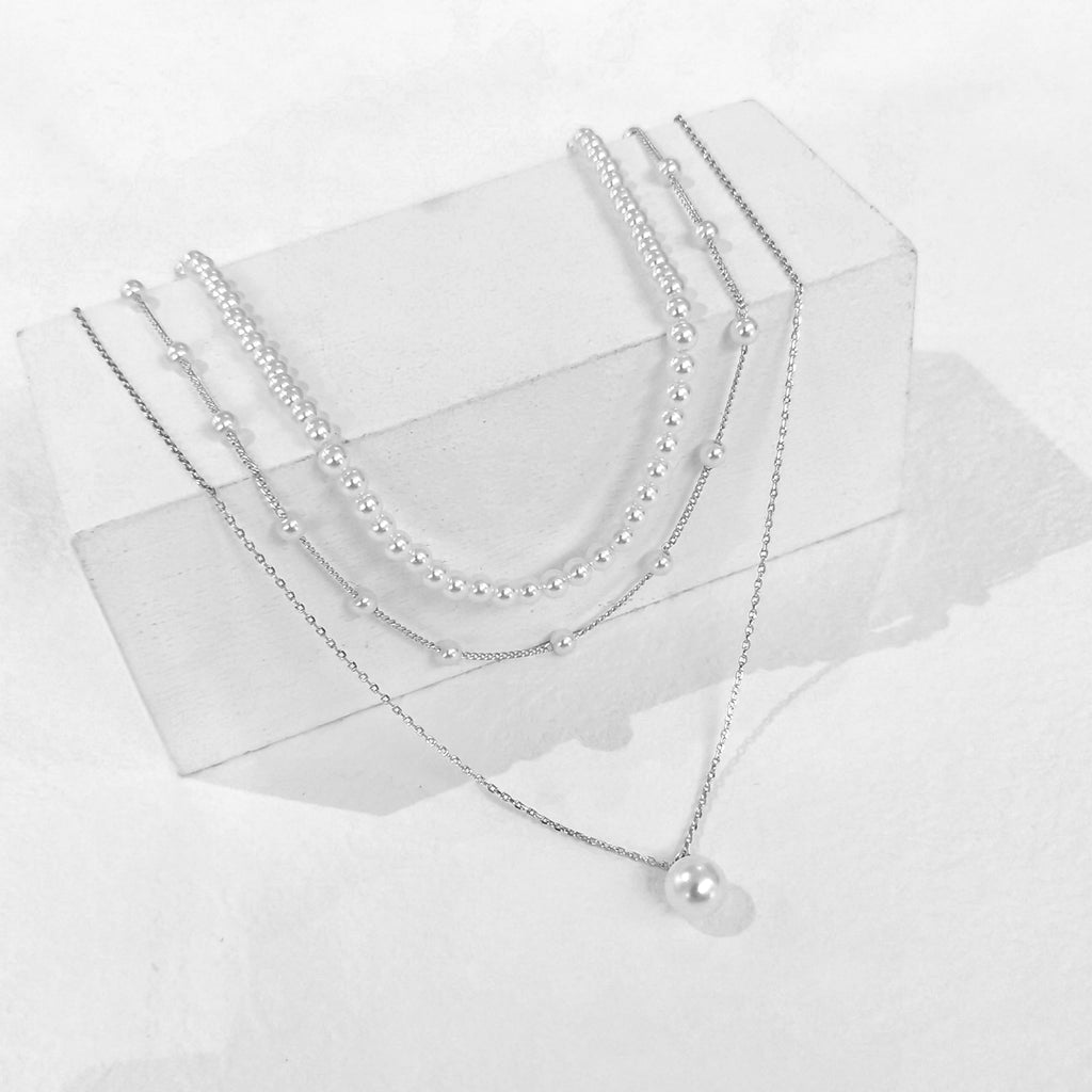 Zeffy Layered Silver Pearl Necklaces for Women Silver Plated Dainty Layered Tiny Single Pearl Choker Trendy Cute Silver Necklace Stack Wedding Jewelry Sets for Women Bridesmaid Gifts