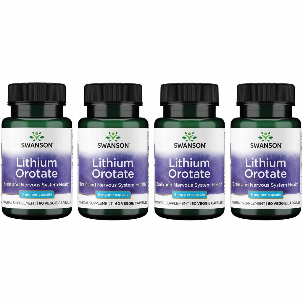 Swanson Lithium Orotate Mood and Memory Support Supplement for Stress-Prone Adults Seeking Emotional Wellness - 5 mg Elemental Lithium (60 Veggie Capsules, 4 Pack)