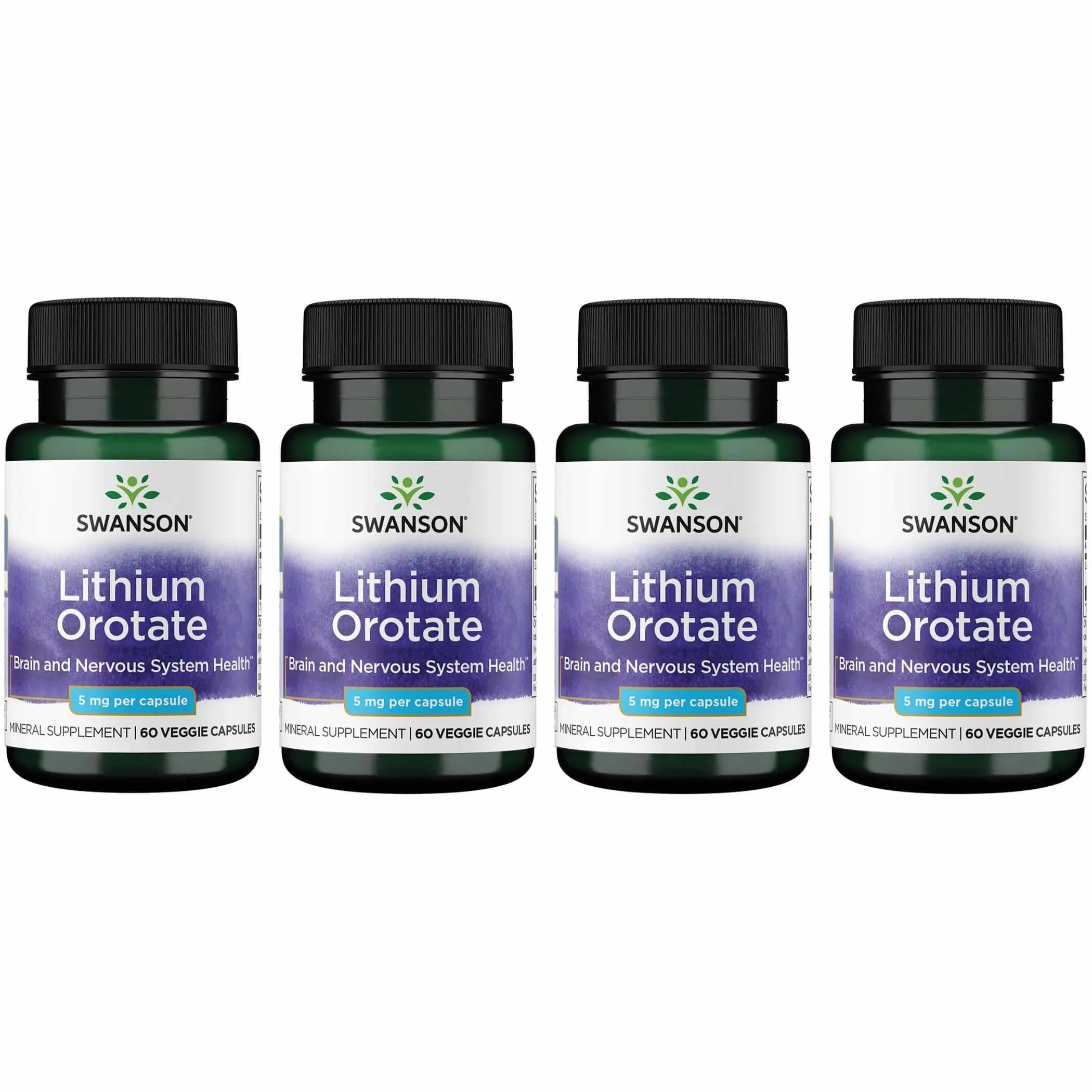 Swanson Lithium Orotate Mood and Memory Support Supplement for Stress-Prone Adults Seeking Emotional Wellness - 5 mg Elemental Lithium (60 Veggie Capsules, 4 Pack)