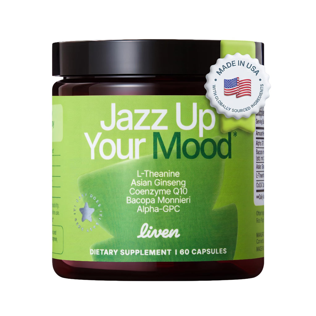LIVEN SUPPLEMENTS Jazz Up Your Mood - L-Theanine, Asian Ginseng, CoQ10, Bacopa & Alpha-GPC – Daily Focus & Clarity Support - 30 Servings