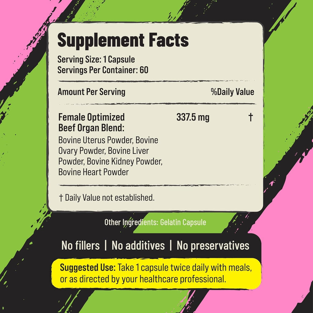 PRIMAL FURY Grass Fed Beef Organ Supplement for Women 120 Count (Pack of 2)