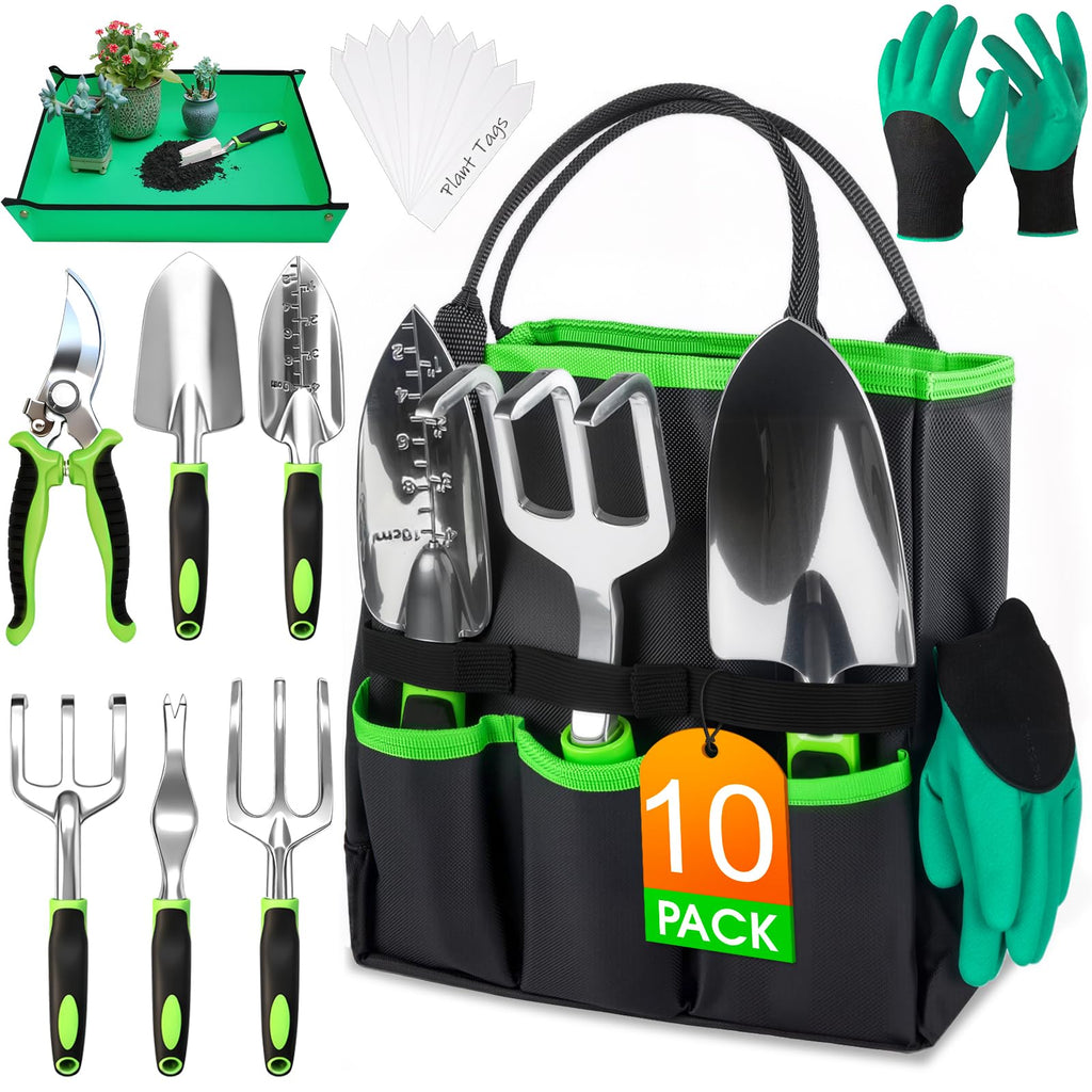 WOWBOX Garden Tools Set, 10 PCS Heavy Duty Gardening Hand Tools Kit, Green