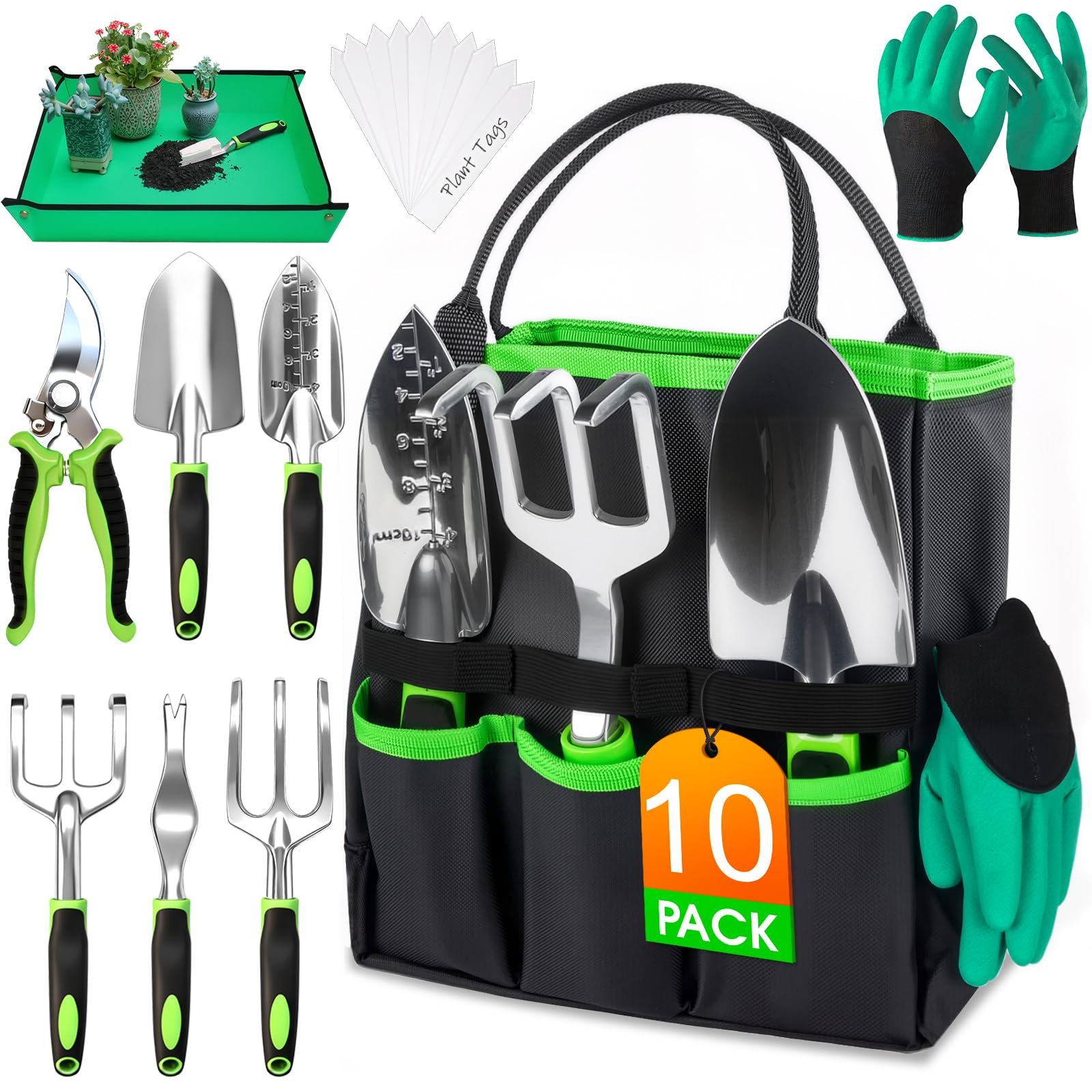 WOWBOX Garden Tools Set, 10 PCS Heavy Duty Gardening Hand Tools Kit, Green