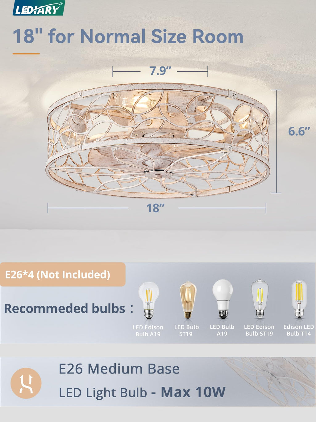 LEDIARY Caged Ceiling Fan with Light, Flush Mount Fandalier with Remote