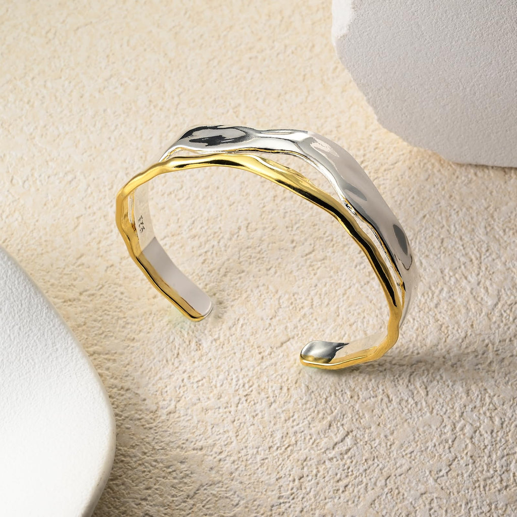 Desnuage Chunky Gold and Silver Cuff Bracelets Sterling Silver Two Tone Open Bangles Double Layer Irregular Wave Hammered Texture Bracelet for Women