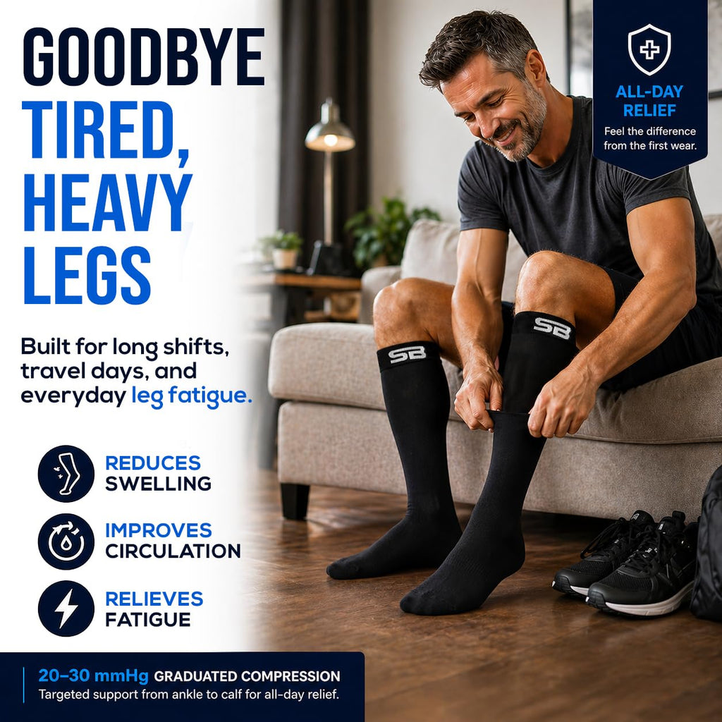 SB SOX Compression Socks for Men & Women (20-30mmHg) – Best Compression Socks for Flying, Medical, Sports, Wide Calf Fit, and Daily Wear (Solid Black, Large)