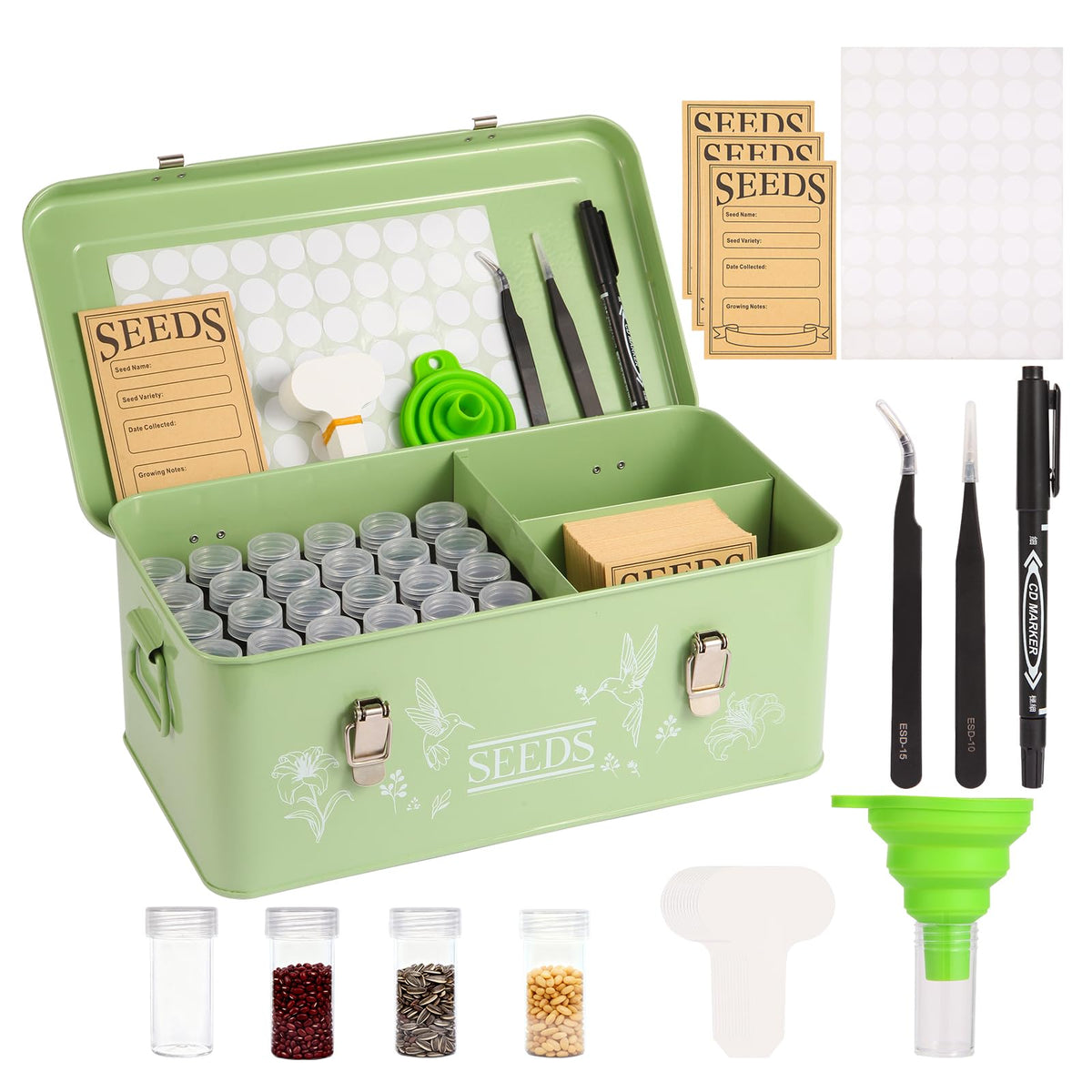 60 Slots Seed Organizer Storage Box with 3 Compartments,Large Metal Garden Seed Organizer with Lid&Safety Locks,Seed Saver Bin 50 Plant Labels 60 Seed Envelopes,Professional All-In-One Seed Saving Kit