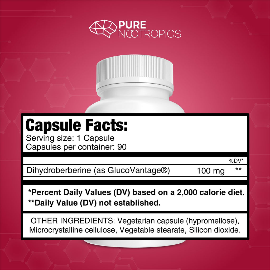 Pure Nootropics - Dihydroberberine Supplement (GlucoVantage) 100 mg, 90 Capsules | Super Berberine