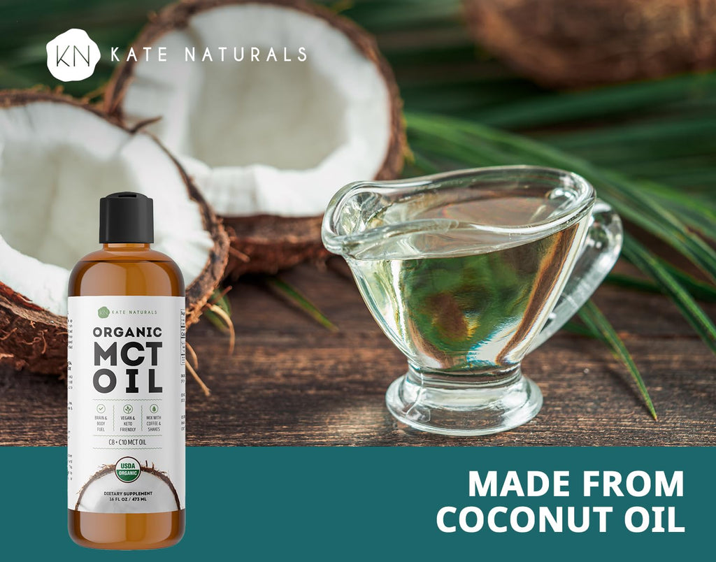 Kate Naturals MCT Oil for Coffee & Keto (16oz) USDA Certified Organic MCT Oil Liquid with only C8 & C10. Odorless Fuel for Body & Mind. No Aftertaste
