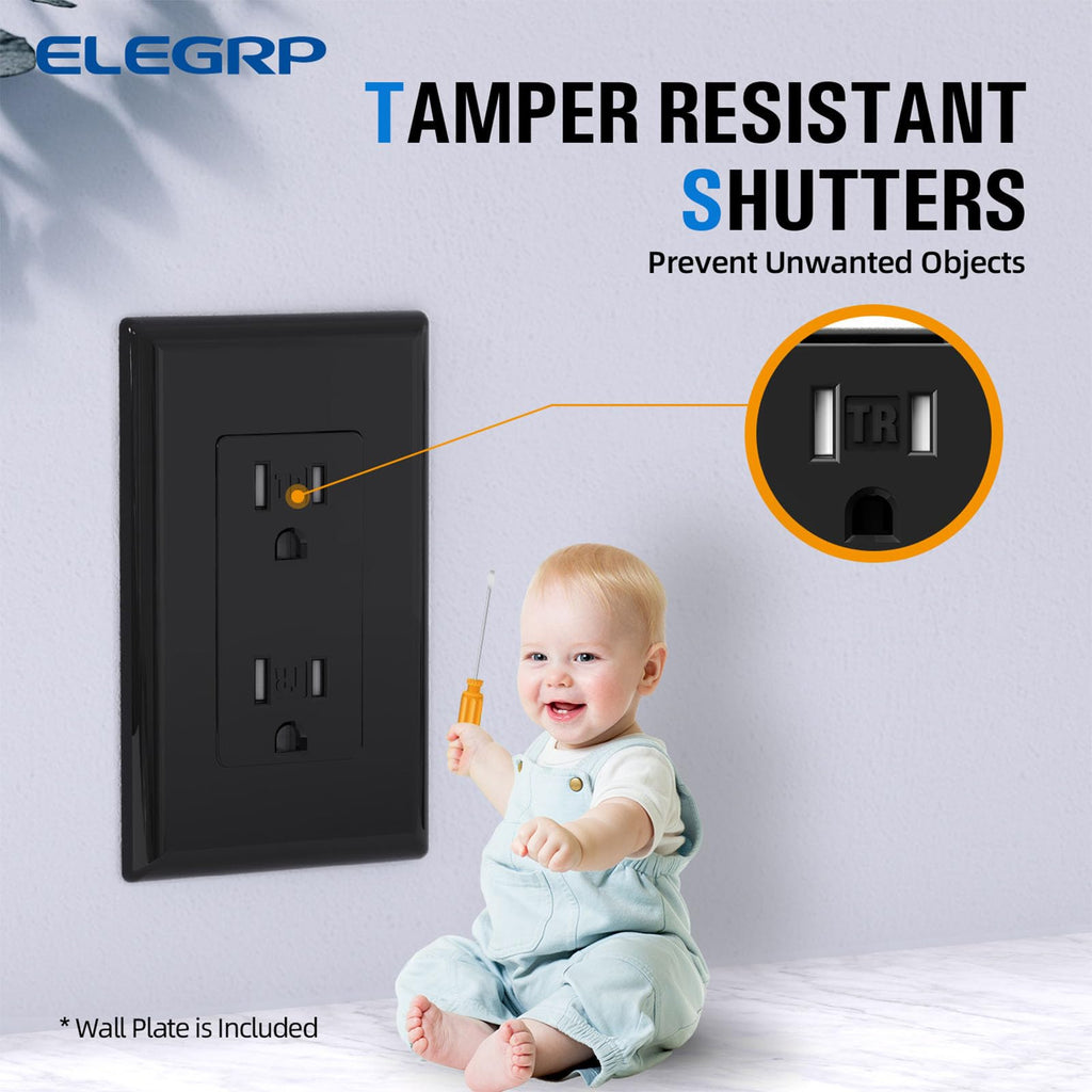 ELEGRP Decorator Wall Receptacle Outlet, Tamper Resistant 15A 125V Standard Electrical Wall Outlet, Residential Grade, Self-grounding, with Screwless Wall Plate, UL (50 Pack, Glossy Black)