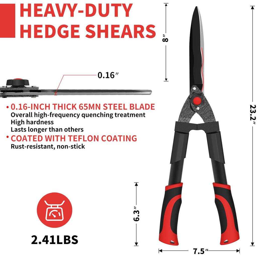 GARTOL 23-Inch Hedge Shears, Manual Garden Clippers with 9" High Carbon Steel Wavy Blade, Heavy Duty Bush Trimmers with Shock-Absorbing Bumpers & Adjustable Tension, Easy-Grip Handles
