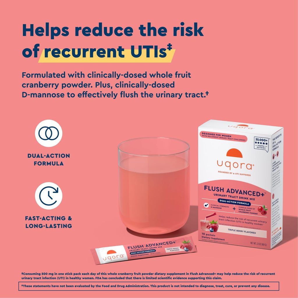 Uqora Flush Advanced+ - Helps Reduce Risk of Recurrent UTI** - with Cranberry, D-Mannose, Vitamin C, Vitamin B6 & Potassium - Gluten-Free & Vegan - Triple Berry Flavor - 10 Packets (1 Pack)