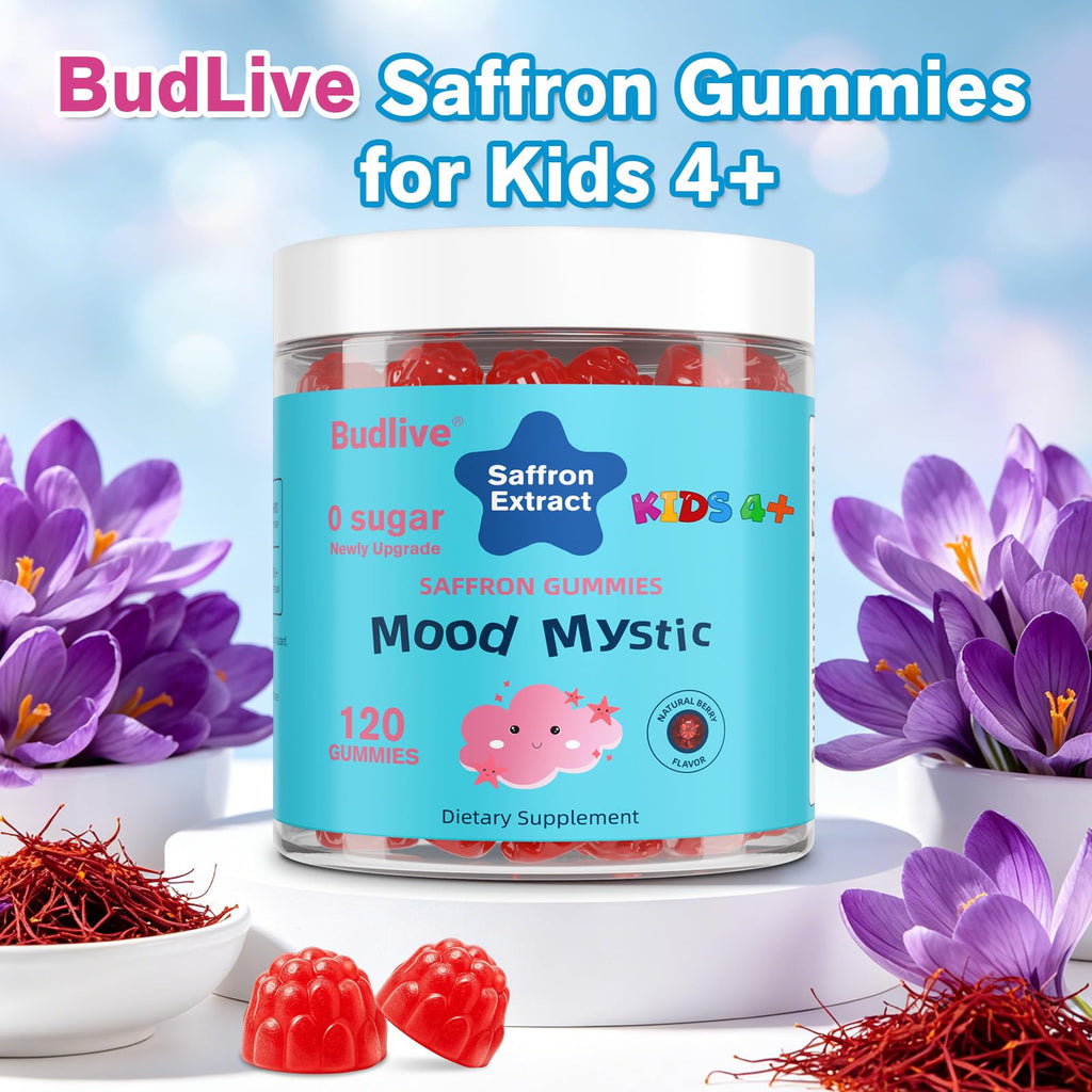 BudLive Mood Mystic Saffron Gummies for Kids 4+ - Saffron Extract Supplements with GABA, Focus Calming Gummies Supports Happy & Cognition, Sugar Free Raspberry, 120 Counts