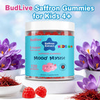 BudLive Mood Mystic Saffron Gummies for Kids 4+ - Saffron Extract Supplements with GABA, Focus Calming Gummies Supports Happy & Cognition, Sugar Free Raspberry, 120 Counts