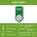 Grow1 240V Outlet Digital Timer, Single Outlet, 15A, Compatible with 220V, 230V & 240V Outlets, Great for Grow Lights, Reptile Enclosures & Aquarium Timer