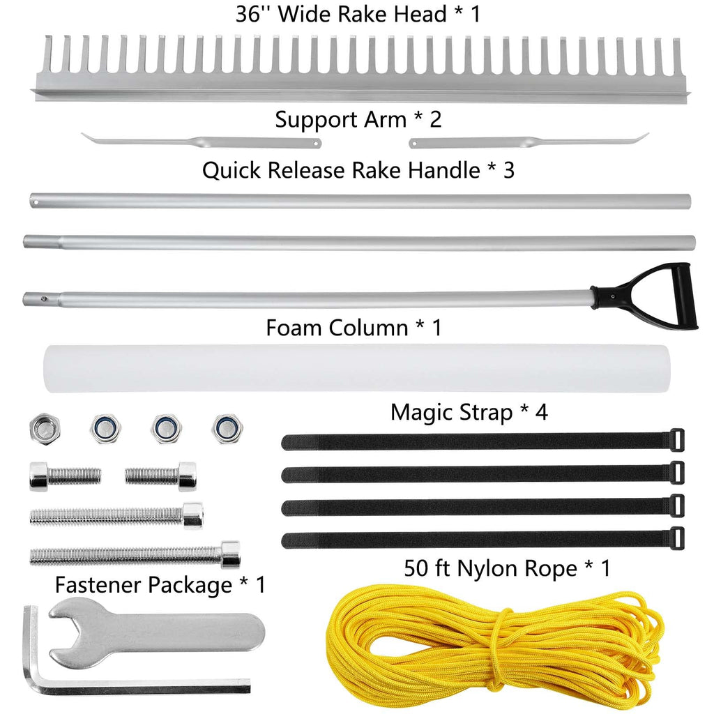 PVNIEFC Floating Lake Rake, 36" Aluminum All Purpose Lake and Landscape Rake with 11' Extension Handle and 52' Rope, Weed & Algae Removal