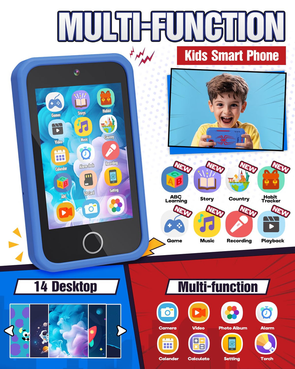 Kids Smart Phone, 3.5'' Touchscreen Spider Toy Phone for Toddler Boy