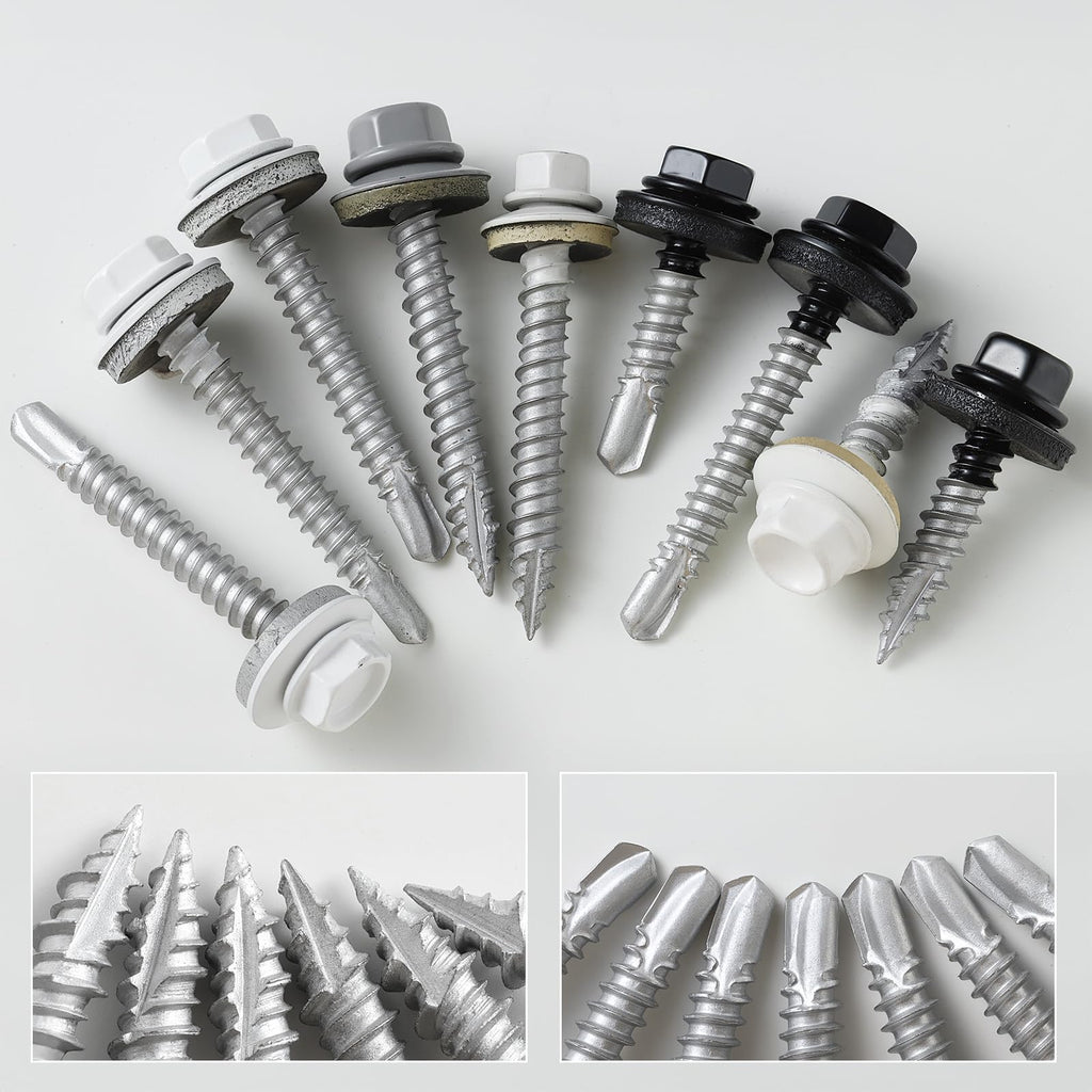 BNUOK #10 x 1 in Self-Drilling Metal Roofing Screws,Sheet Metal Roof Screw,EPDM Washer,Black Hex Head,with Hex Driver Bit(3LBs,304Pcs)
