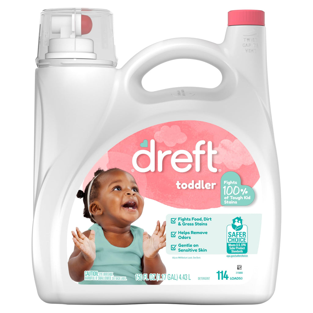 Dreft Toddler Liquid Laundry Detergent, Gentle on Sensitive Skin Laundry Soap, 150 fl oz, 114 Loads (Packaging May Vary)