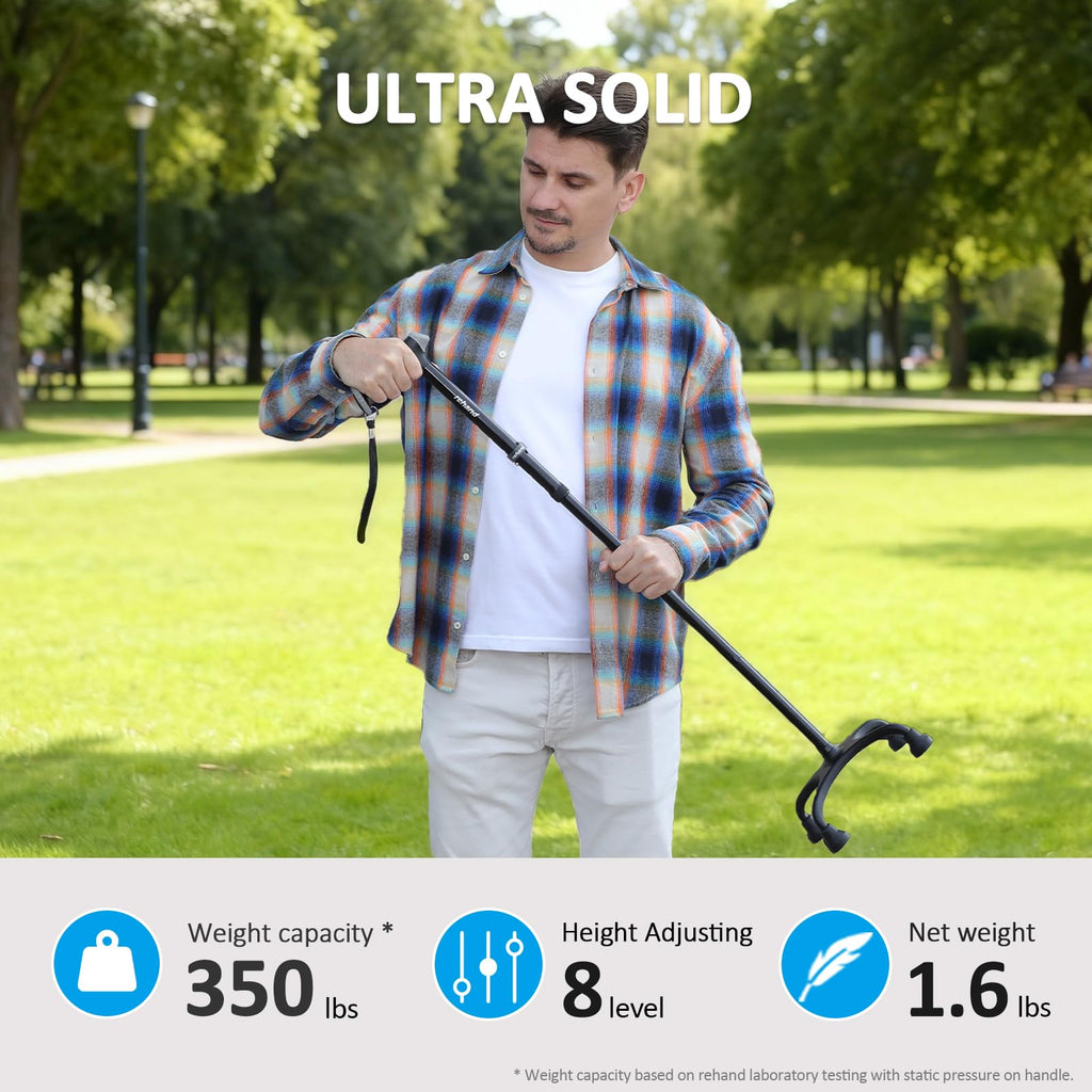Rehand Quad Canes, Walking Cane for Men & Women with Ergonomic Handle Ever and Graceful 4-Pronged Base for Extra Stability, Foldable, Adjustable Walking Sticks for Right or Left Handed