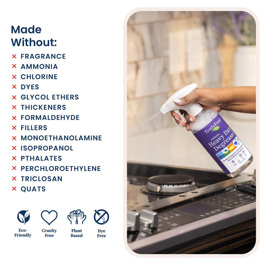 Truly Free Heavy Duty Degreaser- Grease Remover & Grime Cleaner for Kitchen, Automotive & More, Household Cleaning Supplies, Fragrance-Free, Includes 16 oz Reusable Empty Bottle & 2 Refills (4 oz)