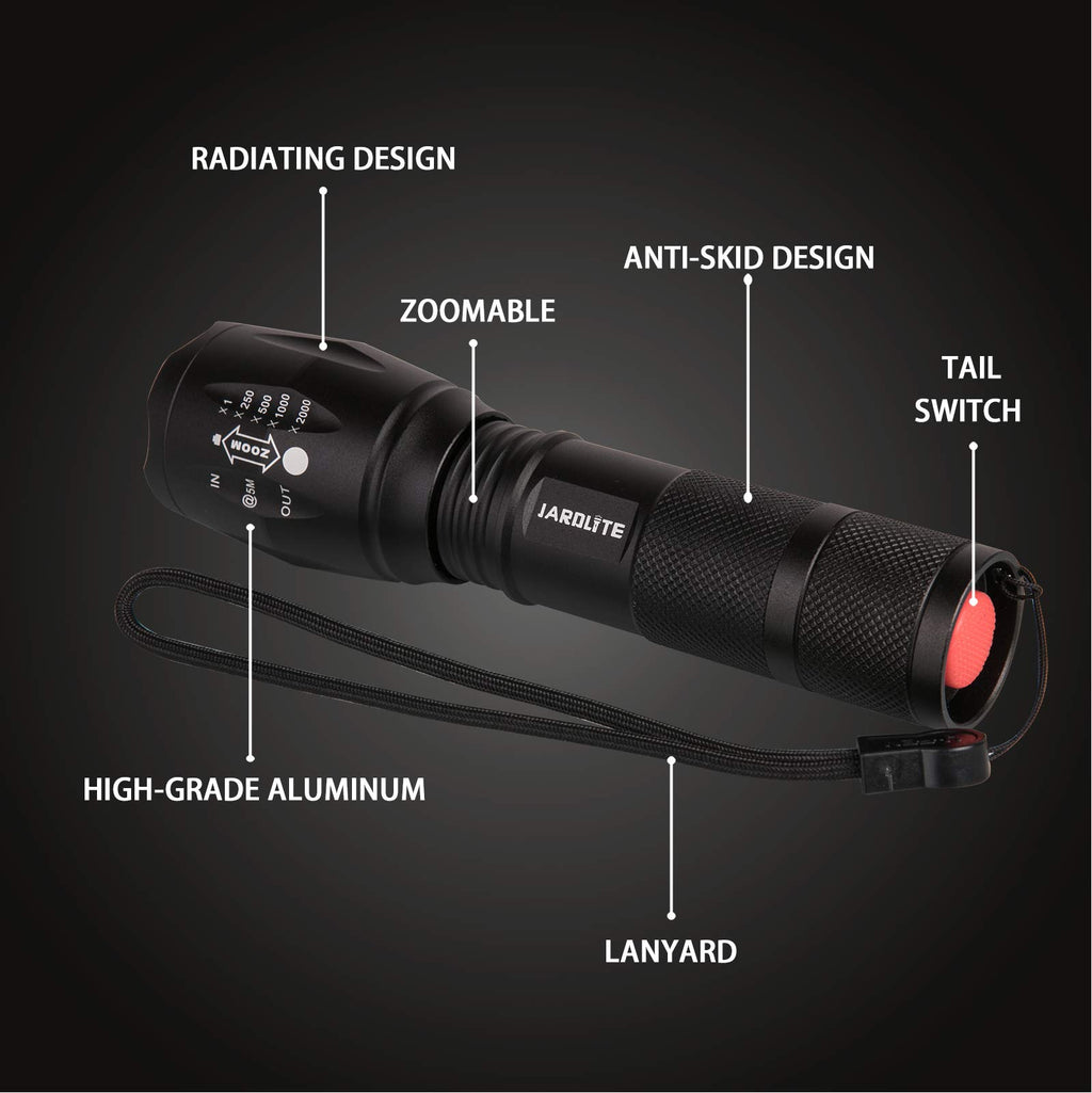 JARDLITE LED Emergency Handheld Flashlight with Adjustable Focus, Water Resistant, 5 Modes, Best Tactical Flashlight for Emergency, Camping and Fishing, 2 Pack
