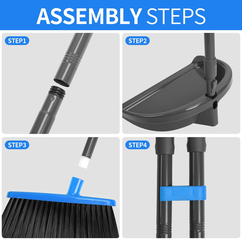 REEWII Broom and Dustpan Set ，Long Handle Broom with Upright Standing Dust pan for Indoor Outdoor Home Kitchen Office Floor Cleaning