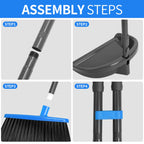REEWII Broom and Dustpan Set ，Long Handle Broom with Upright Standing Dust pan for Indoor Outdoor Home Kitchen Office Floor Cleaning