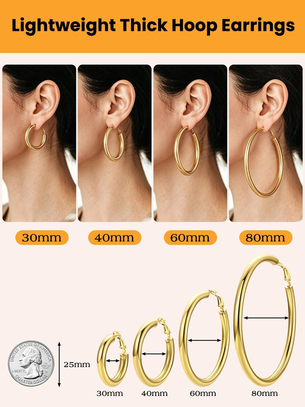 Bestyle 5mm Thick Gold Hoop Earrings Lightweight Chunky Hoop Earrings Hollow Tube Hypoallergenic Trendy Stainless Steel Eearrings for Women 40mm