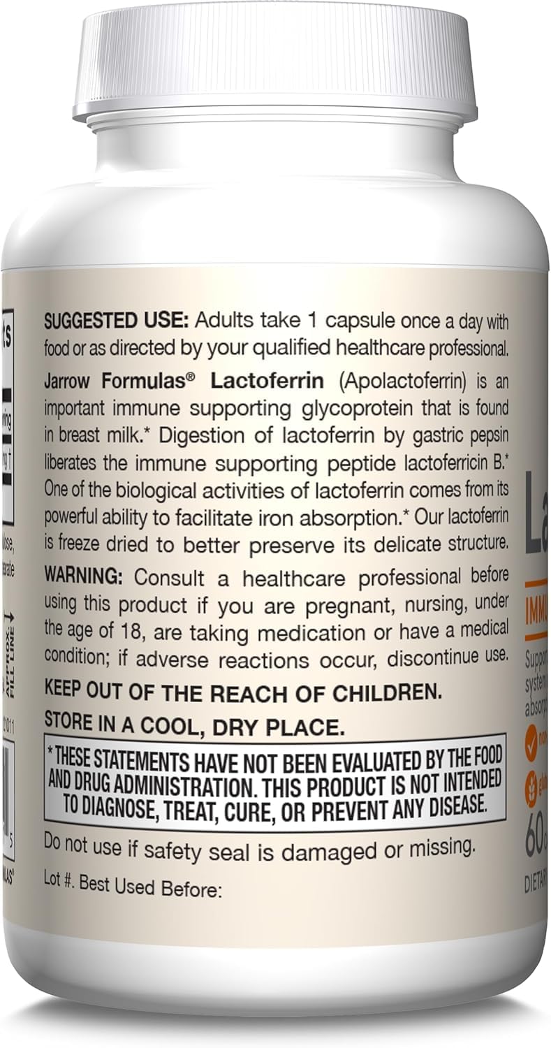 Jarrow Formulas Lactoferrin Supplements 250 mg - Immune-Supporting Glycoprotein for Healthy Immune System Support & Iron Absorption - Freeze Dried, Gluten Free, Non-GMO - 60 Capsules (Pack of 2)