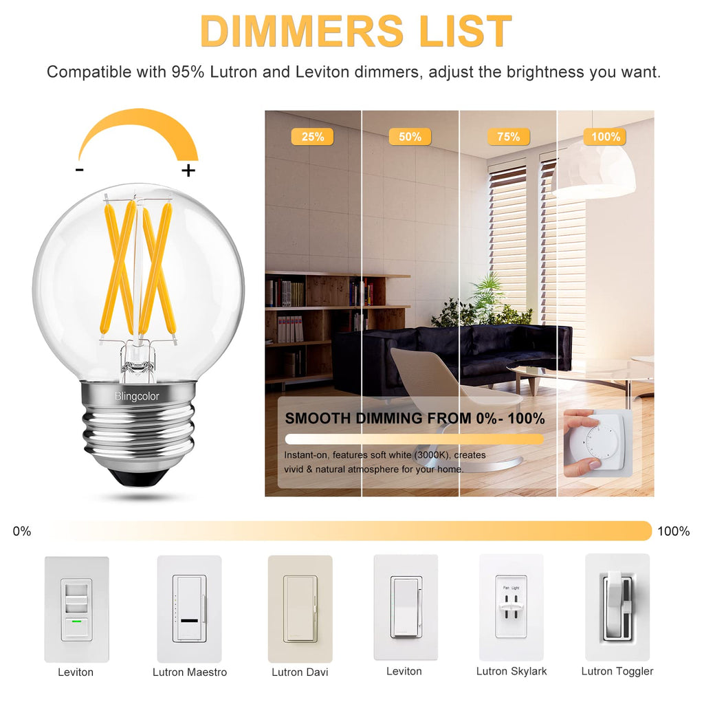 BLINGCOLOR 6 Pack Dimmable G16.5 LED Light Bulbs 60 Watt, E26 LED Bulbs 60 Watt Soft White 3000K, 6W E26 Globe LED Edison Small Light Bulb for Sputnik Chandelier, Vanity Lights, CRI80+, AC120V, 600lm