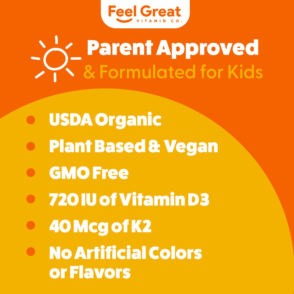Feel Great USDA Organic Liquid Vitamin D Drops for Infants & Toddlers (2 oz) w/ K2 for Absorption | Vitamin D for Kids Supports Immune Support & Bone Health | Sugar Free, Vegan, Non-GMO & Gluten Free