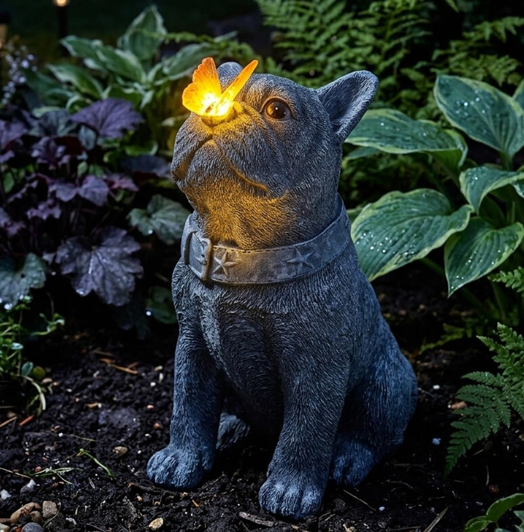 Solar French Bulldog Garden Statue with Butterfly, Outdoor Frenchie Gifts