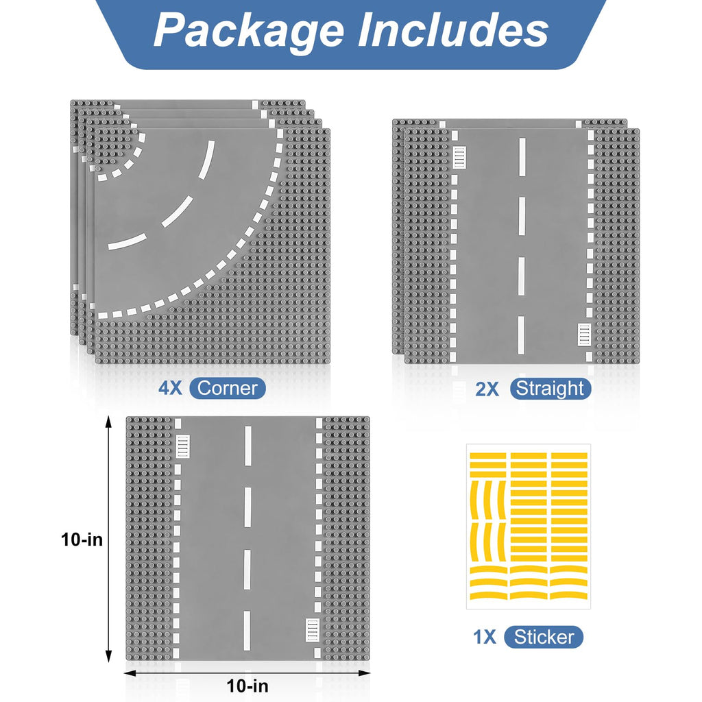 6 Pack Road Base Plates for Building, Compatible with Lego Classic Bricks, 10” x 10” Baseplates Fits for Lego Roads, Road Base Plates for City Sets (Attached DIY Stickers)